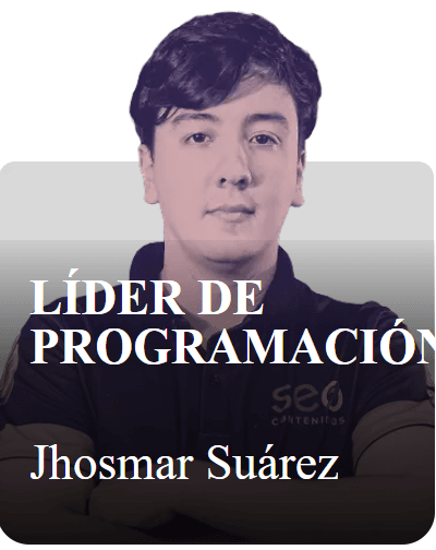 A company announcement card with my portrait, reading "Lider de Programacion - Jhosmar Suarez".